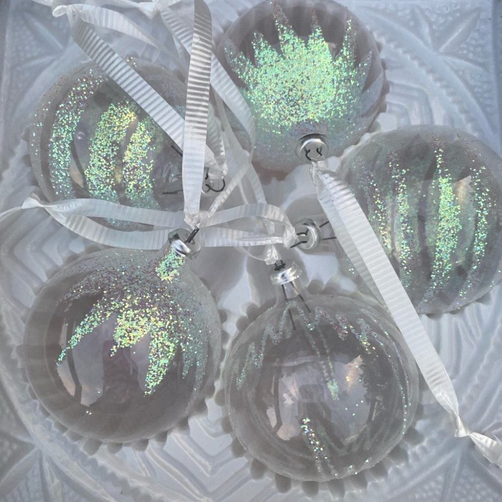 VINTAGE Christmas Bulb Noma Doubleglo Clear Silver Glitter Set of 5 Original Box